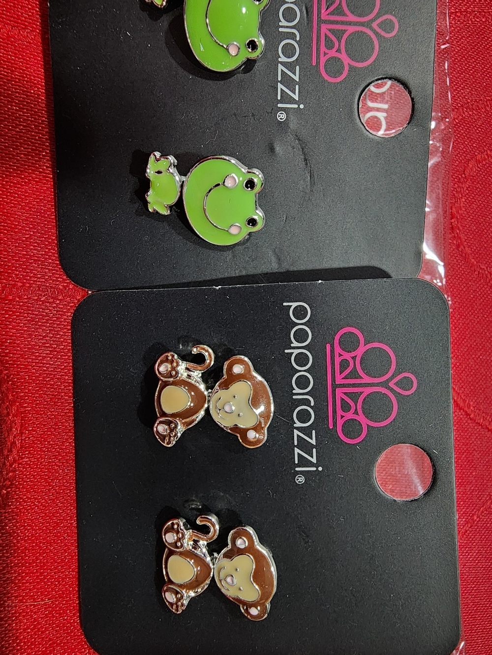 Kids Paparazzi Green Frog & Brown Monkey Stud Earrings Set